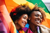 Black couple with rainbow flag celebration laughing portrait. AI generated Image by rawpixel.