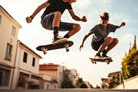 Boy jumping on skateboard skateboarding exhilaration togetherness. AI generated Image by rawpixel.