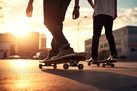 Two skateboarders doing a skateboard trick street adult skateboarding. AI generated Image by rawpixel.