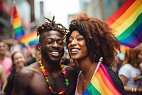 Black couple in pride parade laughing adult smile. AI generated Image by rawpixel.