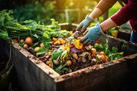 Person composting food waste garden gardening outdoors. 