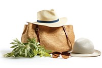 Bag with accessories and beach stuff glasses plant white background. AI generated Image by rawpixel.
