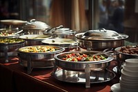 Buffet with containers with silverware food restaurant brunch. 