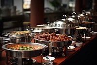 Buffet with containers with silverware food restaurant brunch. 