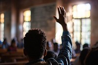 Back view of student raising his hand education adult spirituality. AI generated Image by rawpixel.