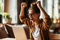 Girl student receive good test results shouting laptop accessories. AI generated Image by rawpixel.