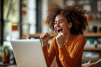 Girl student receive good test results laughing laptop adult. 