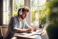 Latin student learning online at home headphones writing listening. AI generated Image by rawpixel.