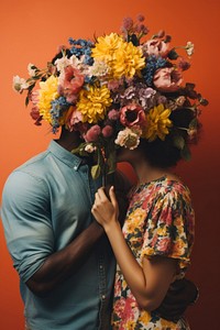 Black man and woman kiss flower portrait holding. AI generated Image by rawpixel.