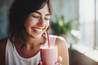 Strawberry smoothie drink drinking smiling. AI generated Image by rawpixel.