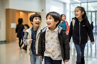 Latinix elementary school students talking with friend walking child togetherness. AI generated Image by rawpixel.