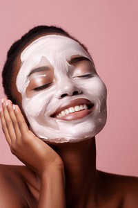 Black women with white clay mask on her face portrait adult happy. AI generated Image by rawpixel.