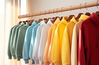 Hoodies and sweatshirts hanging rack room. AI generated Image by rawpixel.