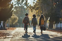 Students walking to school togetherness architecture accessories. AI generated Image by rawpixel.