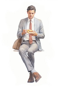 Businessman eating fastfood sitting adult white background. AI generated Image by rawpixel.