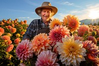A farmer harvests a bouquet of flowers dahlia sky gardening. AI generated Image by rawpixel.