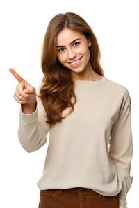 Caucasian woman pointing portrait sleeve. AI generated Image by rawpixel.