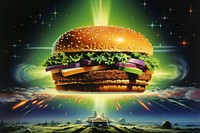 Burger food advertisement illuminated. AI generated Image by rawpixel.