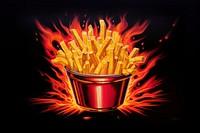 French fries food fire black background. 