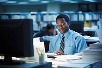 Focused office worker in a cubicle computer adult concentration. 