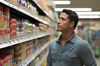 A Latino shopper pondering over a variety of products on a grocery store shelf market supermarket decisions. AI generated Image by rawpixel.