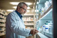 Pharmacist arranging medicine bottles on shelves in a well-lit pharmacy glasses adult tin. 