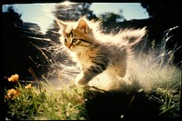 A kitten jumping outdoors animal mammal. 