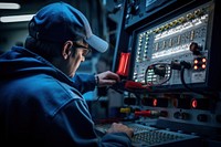 Close-up of a technician monitoring and adjusting controls on a sophisticated factory machine technology computer adult. AI generated Image by rawpixel.