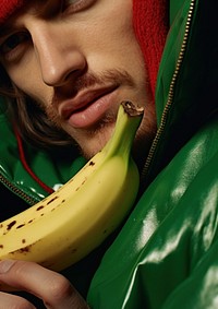 Man with banana for cover of masculine magazine green plant food. AI generated Image by rawpixel.
