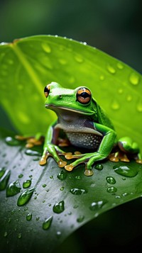 Frog on leaf amphibian wildlife reptile. AI generated Image by rawpixel.
