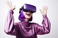 Woman experiencing VR portrait purple smiling. AI generated Image by rawpixel.