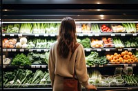 Women are choosing healthy foods in supermarkets vegetable adult refrigerator. 