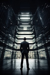 A man in a suit standing beside a building architecture silhouette adult. AI generated Image by rawpixel.