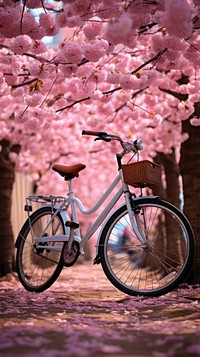 A bicycle under a blossoming cherry tree vehicle cycling flower. AI generated Image by rawpixel.