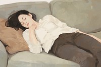 Woman laying in sofa painting furniture sleeping. 