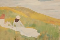 Women picnic on a grass hills painting art adult. 