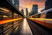 An electric train passing through a city architecture metropolis cityscape. 