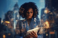 Black business woman holding tablet on modern cities computer adult photo. AI generated Image by rawpixel.