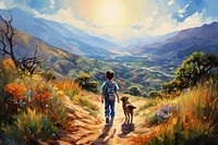 Boy walking his dog on hills wilderness landscape adventure. AI generated Image by rawpixel.