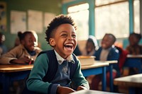 Little African student boy laughing classroom school child. AI generated Image by rawpixel.