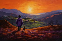 Boy walking his dog on hills landscape mountain outdoors. AI generated Image by rawpixel.