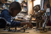 African student child plays constructing robot concentration woodworking technology. AI generated Image by rawpixel.