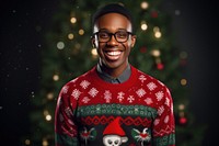 Black nerd guy wear chirstmas-shirt smiling chirstmas background portrait laughing sweater. AI generated Image by rawpixel.