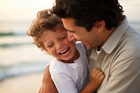 Dad hug son at beach laughing portrait adult. AI generated Image by rawpixel.