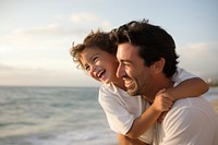 Dad hug son at beach laughing portrait outdoors. AI generated Image by rawpixel.