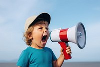 Kid screaming to megaphone shouting child binoculars. 