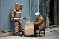Robot sending parcel to old man cardboard adult architecture. AI generated Image by rawpixel.