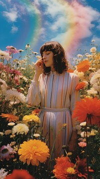 Rainbow in the field of flowers portrait outdoors fashion. AI generated Image by rawpixel.