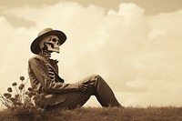 Skeleton in sepia photography sitting adult monochrome. AI generated Image by rawpixel.