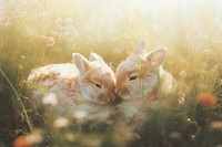 Two bunnies sleep comfortably on meadow outdoors animal mammal. AI generated Image by rawpixel.